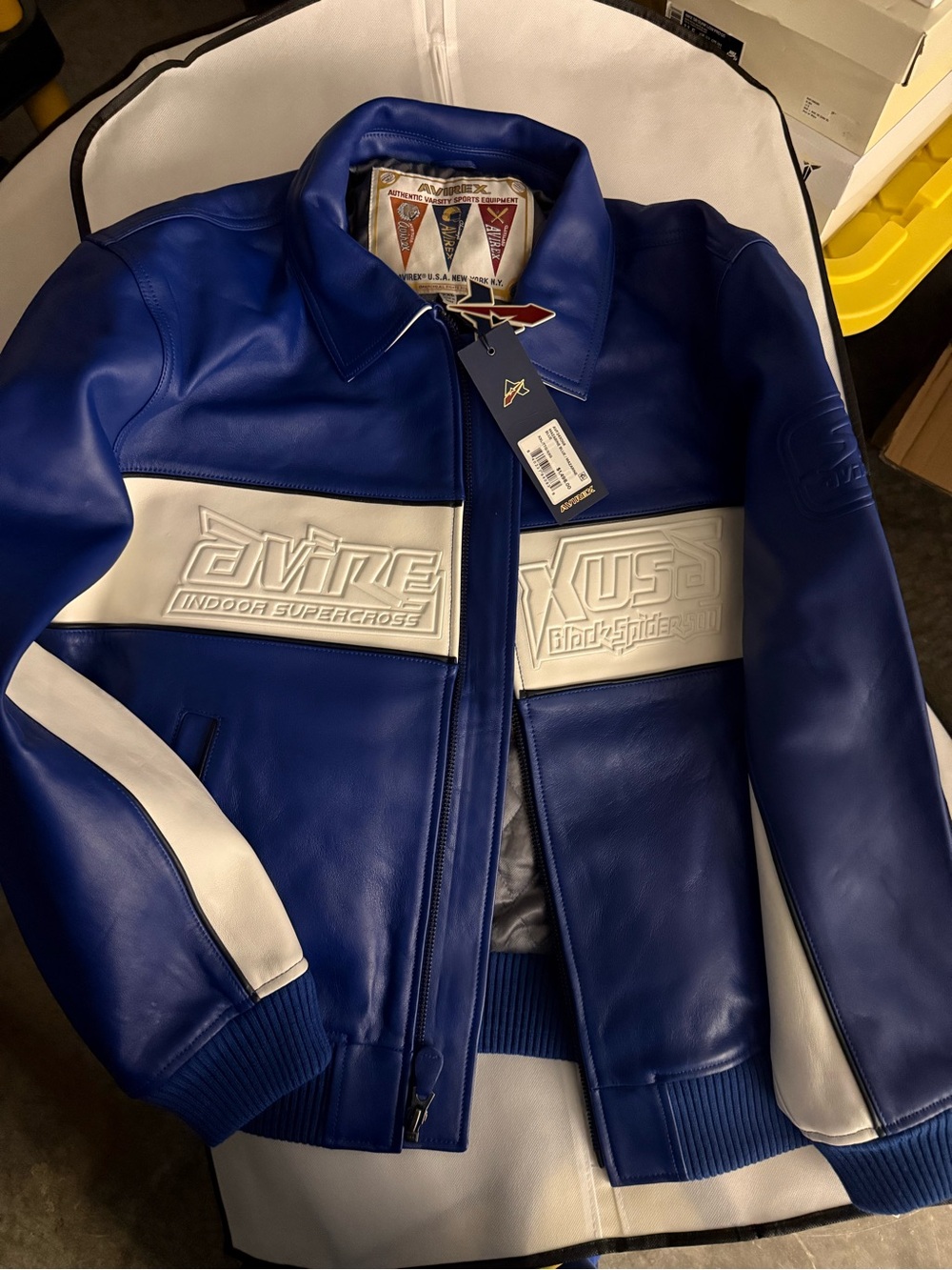 Avirex Blue and White Leather Racing Bomber Jacket